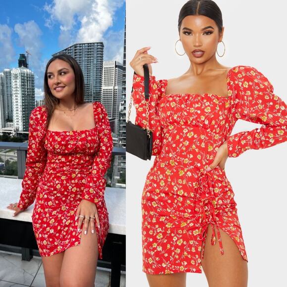 PRETTYLITTLETHING Red Ditsy Floral Bow Detail Side Split Bodycon Dress - Picture 1 of 10